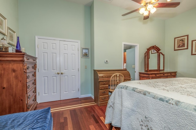 50 Kienia Rd, Hudson, NH 03051 - bedroom with a high ceiling, dark wood-style floors, a closet, and a ceiling fan