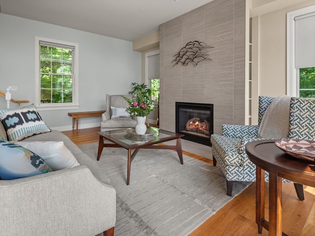 200 Lake St Unit 16, Burlington, VT 05401 - living room with wood finished floors, a tile fireplace, and baseboards