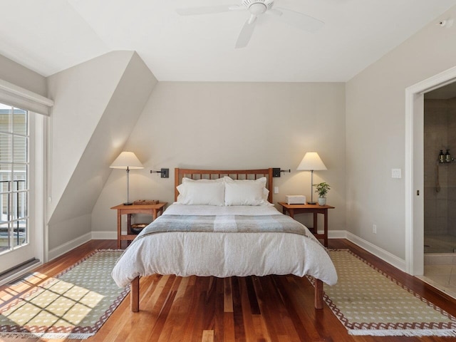 200 Lake St Unit 16, Burlington, VT 05401 - bedroom with wood finished floors, baseboards, ceiling fan, and vaulted ceiling