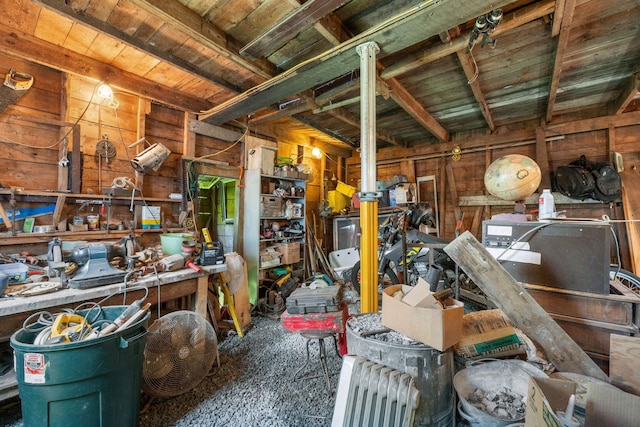 9 Laurel St, Whitefield, NH 03598 - miscellaneous room with a workshop area, wood walls, and wooden ceiling