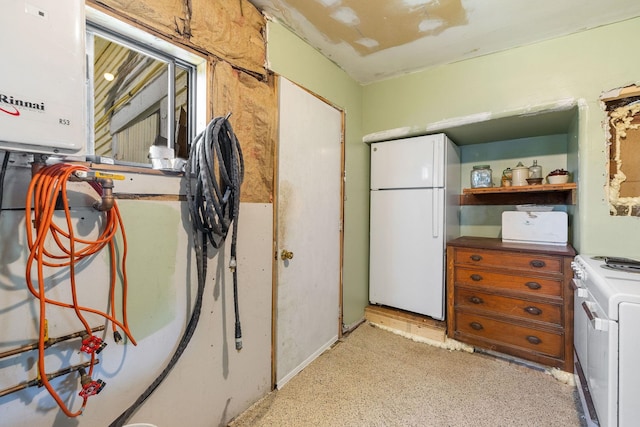 9 Laurel St, Whitefield, NH 03598 - kitchen with white appliances, open shelves, and brown cabinetry