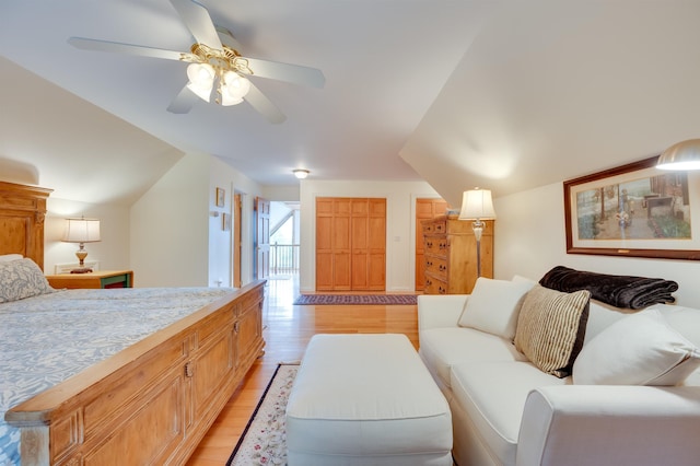 105 Valley View Rd, Easton, NH 03580 - bedroom featuring light wood-style floors, lofted ceiling, and a ceiling fan