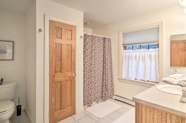 105 Valley View Rd, Easton, NH 03580 - bathroom featuring a baseboard heating unit, tile patterned flooring, toilet, vanity, and curtained shower