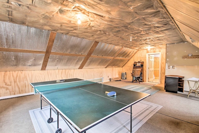 105 Valley View Rd, Easton, NH 03580 - playroom featuring vaulted ceiling, wooden walls, and carpet