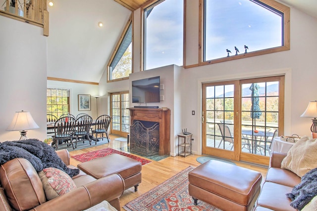 105 Valley View Rd, Easton, NH 03580 - living room with high vaulted ceiling, a fireplace with flush hearth, plenty of natural light, and wood finished floors