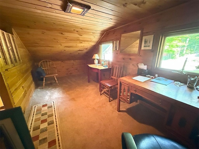 422/431 Little Rutland Rd, Castleton, VT 05735 - office area featuring wood ceiling, lofted ceiling, light carpet, and wood walls