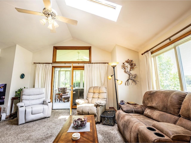 115 Meadow Run Rd, Williston, VT 05495 - living room with carpet flooring, a skylight, a ceiling fan, and high vaulted ceiling