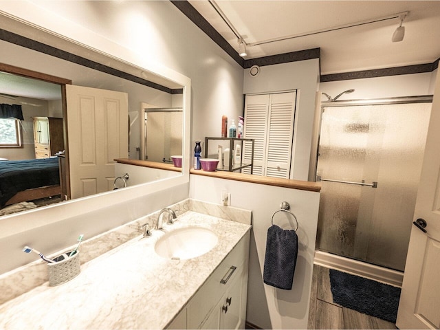 115 Meadow Run Rd, Williston, VT 05495 - ensuite bathroom with track lighting, a shower stall, vanity, and a closet