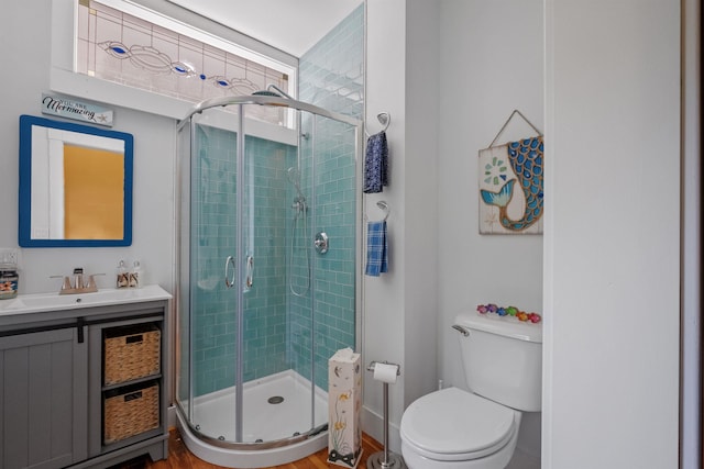 bathroom featuring a shower stall, toilet, vanity, and wood finished floors
