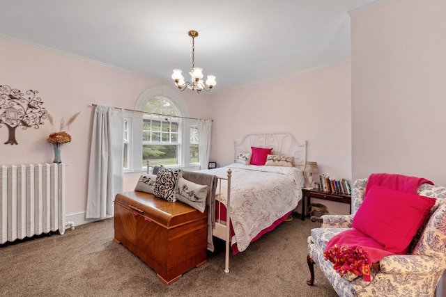 carpeted bedroom featuring radiator heating unit, a chandelier, and crown molding