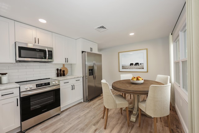 21 Ridgefield Dr, Milford, NH 03055 - kitchen featuring stainless steel appliances, light wood finished floors, decorative backsplash, white cabinetry, and recessed lighting