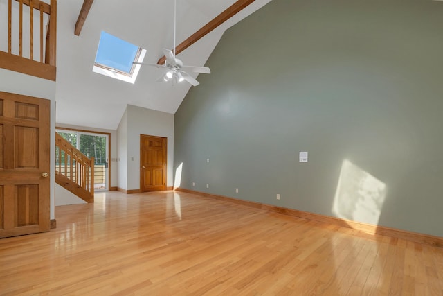 5 Lucerne Dr, Madison, NH 03849 - unfurnished living room featuring high vaulted ceiling, a skylight, stairway, ceiling fan, and beamed ceiling