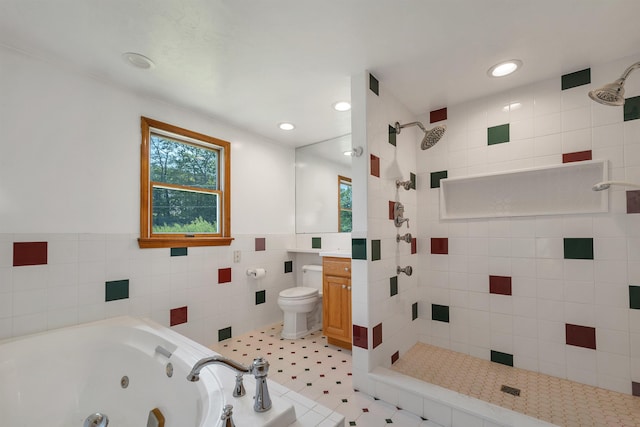5 Lucerne Dr, Madison, NH 03849 - full bathroom featuring tile walls, a tile shower, vanity, a whirlpool tub, and toilet