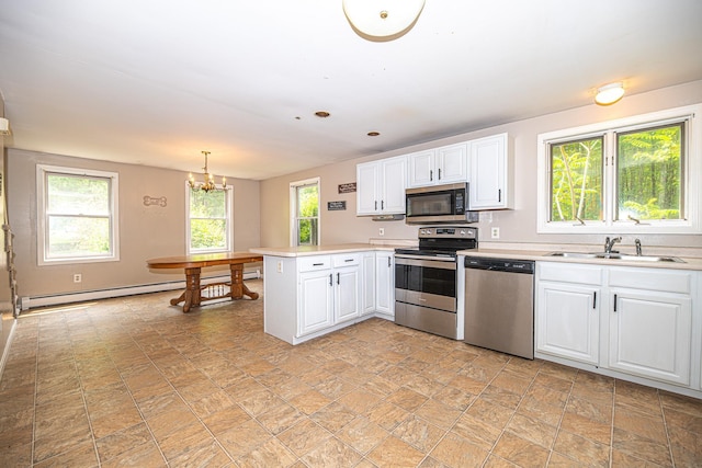 20 Locke Hill Ln, Barrington, NH 03825 - kitchen featuring stainless steel appliances, a sink, a peninsula, and white cabinets