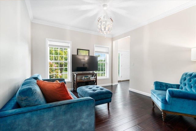 6 Samuels Ct, Dunbarton, NH 03046 - living area with dark wood-style flooring, ornamental molding, a chandelier, and baseboards