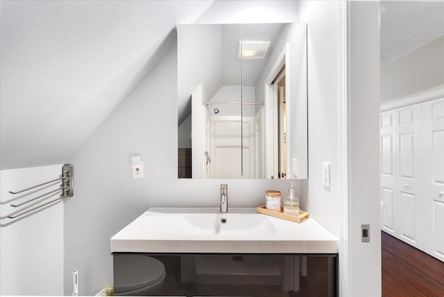6 Samuels Ct, Dunbarton, NH 03046 - bathroom featuring vaulted ceiling, vanity, wood finished floors, and a shower