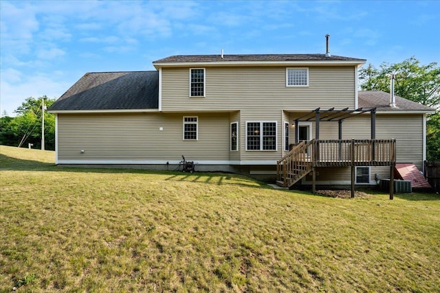 6 Samuels Ct, Dunbarton, NH 03046 - back of house featuring a wooden deck, a lawn, a pergola, stairs, and roof with shingles