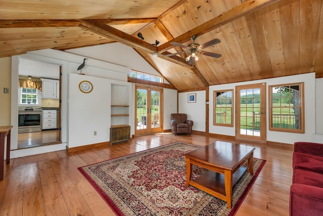 196 Deering Center Rd, Weare, NH 03281 - living room with french doors, hardwood / wood-style flooring, ceiling fan, wood ceiling, and baseboards