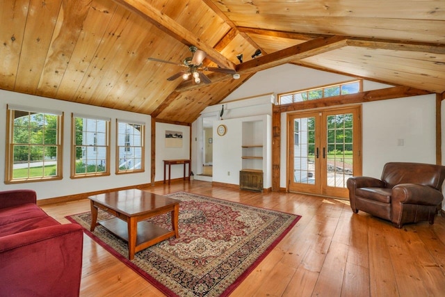 196 Deering Center Rd, Weare, NH 03281 - living area featuring plenty of natural light, a ceiling fan, hardwood / wood-style flooring, french doors, and wood ceiling