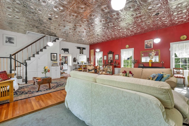 10 Whiteface Rd, Sandwich, NH 03259 - living area with an ornate ceiling, stairway, and wood finished floors