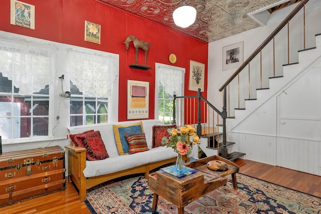 10 Whiteface Rd, Sandwich, NH 03259 - living area with an ornate ceiling, hardwood / wood-style floors, and stairs