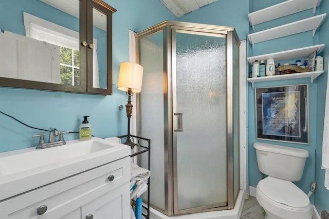 10 Whiteface Rd, Sandwich, NH 03259 - bathroom with a shower stall, vanity, toilet, and marble finish flooring
