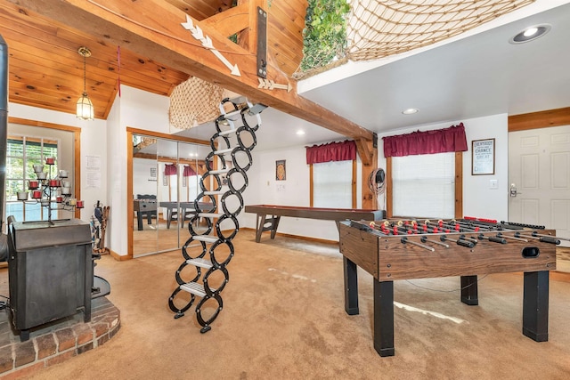 7 Acorn Dr, Alton, NH 03810 - rec room featuring a wood stove, carpet flooring, baseboards, and recessed lighting