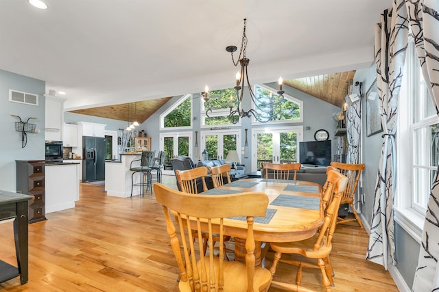 7 Acorn Dr, Alton, NH 03810 - dining space with a chandelier, healthy amount of natural light, light wood finished floors, high vaulted ceiling, and wooden ceiling