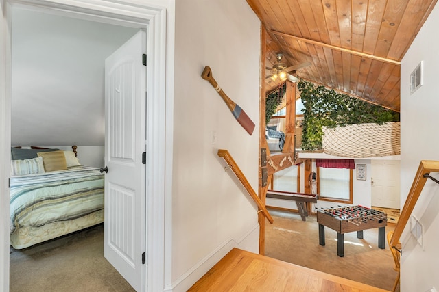 7 Acorn Dr, Alton, NH 03810 - stairs featuring carpet, a ceiling fan, vaulted ceiling, baseboards, and wooden ceiling