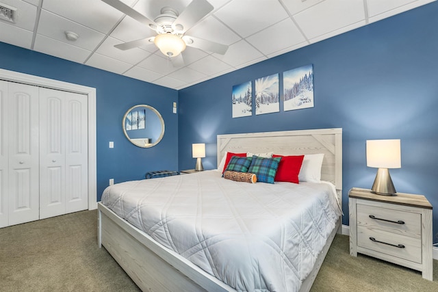 7 Acorn Dr, Alton, NH 03810 - bedroom with carpet flooring, a paneled ceiling, a closet, ceiling fan, and baseboards