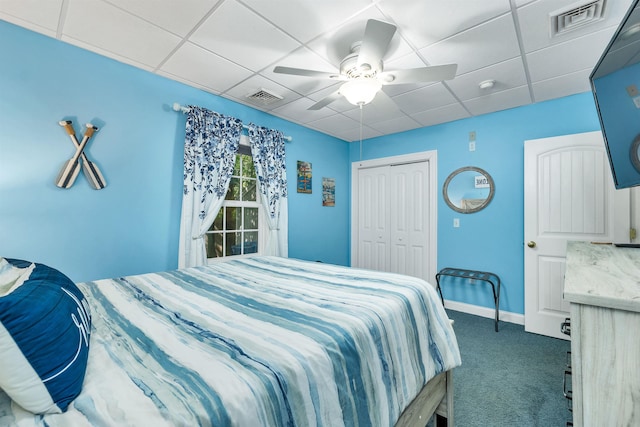 7 Acorn Dr, Alton, NH 03810 - bedroom featuring a paneled ceiling, carpet flooring, a closet, ceiling fan, and baseboards