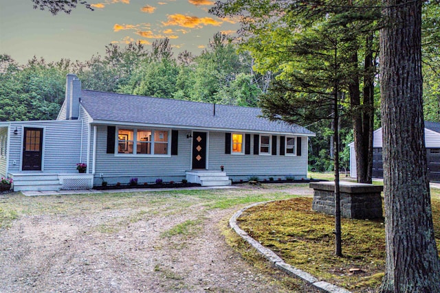 110 Currier Rd, Candia, NH 03034 - single story home featuring a chimney, a shingled roof, and entry steps