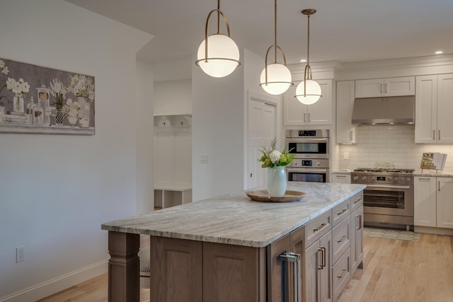 338 Pine Hill Rd, Hollis, NH 03049 - kitchen with under cabinet range hood, stainless steel appliances, light wood-style flooring, white cabinets, and tasteful backsplash