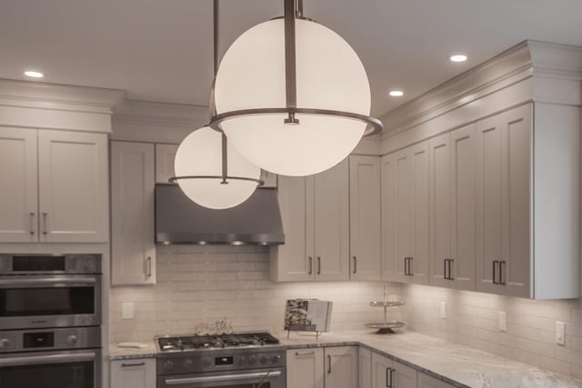 338 Pine Hill Rd, Hollis, NH 03049 - kitchen featuring double oven, exhaust hood, light stone countertops, backsplash, and recessed lighting