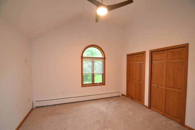 296 Atwood Rd, Duxbury, VT 05676 - unfurnished bedroom with baseboard heating, carpet, multiple closets, ceiling fan, and baseboards