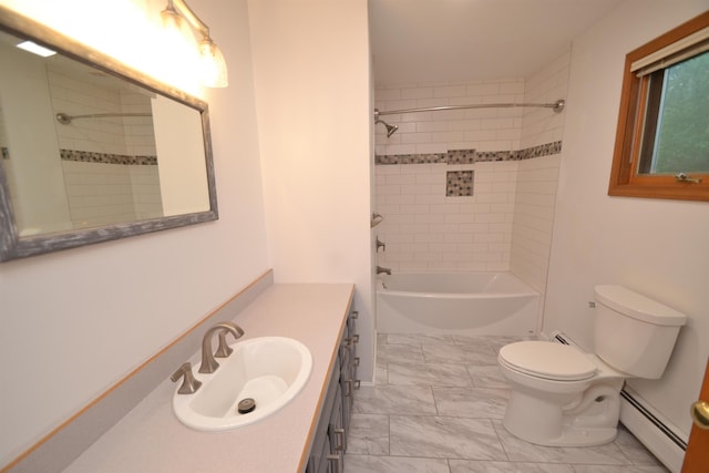 296 Atwood Rd, Duxbury, VT 05676 - full bath with baseboard heating, toilet, vanity, tub / shower combination, and marble finish floors