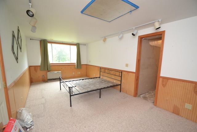 296 Atwood Rd, Duxbury, VT 05676 - rec room featuring track lighting, wainscoting, wood walls, and carpet flooring