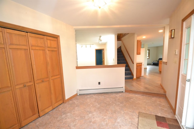 296 Atwood Rd, Duxbury, VT 05676 - interior space with a baseboard radiator, stairway, recessed lighting, and baseboards