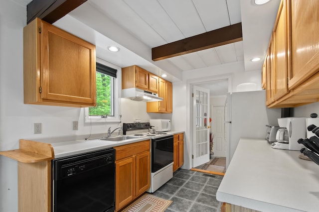 180 Ash St, Conway, NH 03860 - kitchen featuring white appliances, under cabinet range hood, beam ceiling, light countertops, and recessed lighting