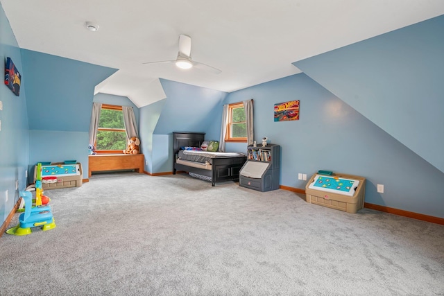 290 Cornish Tpke, Newport, NH 03773 - bedroom with carpet, baseboards, lofted ceiling, and a ceiling fan