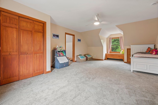 290 Cornish Tpke, Newport, NH 03773 - unfurnished bedroom with carpet floors, vaulted ceiling, a ceiling fan, baseboards, and a closet
