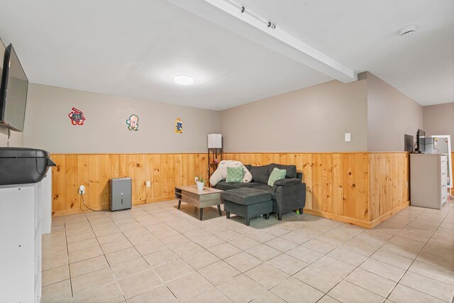 290 Cornish Tpke, Newport, NH 03773 - living area with wainscoting, light tile patterned flooring, and wooden walls