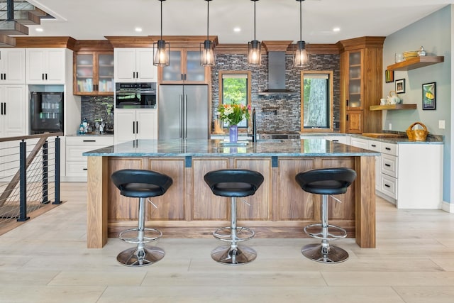 111 Nh Route 4a, Enfield, NH 03748 - kitchen with wall chimney range hood, stainless steel appliances, tasteful backsplash, recessed lighting, and open shelves