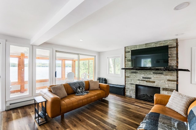 6 Paquette Ln, Sunapee, NH 03782 - living area with a baseboard radiator, a stone fireplace, wood finished floors, and beamed ceiling