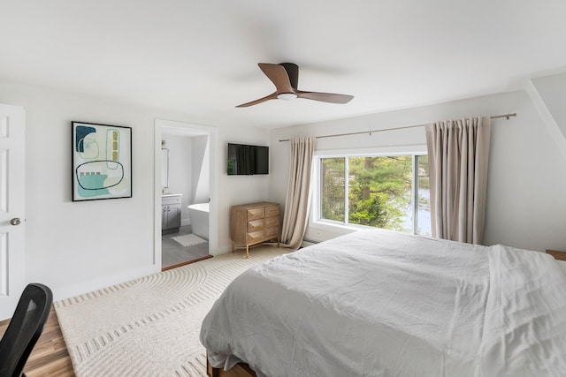 6 Paquette Ln, Sunapee, NH 03782 - bedroom featuring wood finished floors, ceiling fan, and ensuite bathroom