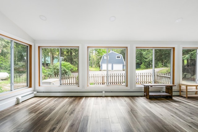 6 Paquette Ln, Sunapee, NH 03782 - unfurnished sunroom featuring vaulted ceiling, healthy amount of natural light, wood finished floors, a baseboard radiator, and a wooden deck