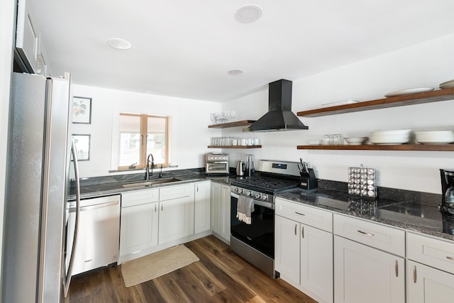 6 Paquette Ln, Sunapee, NH 03782 - kitchen with stainless steel appliances, open shelves, island exhaust hood, a sink, and dark stone countertops