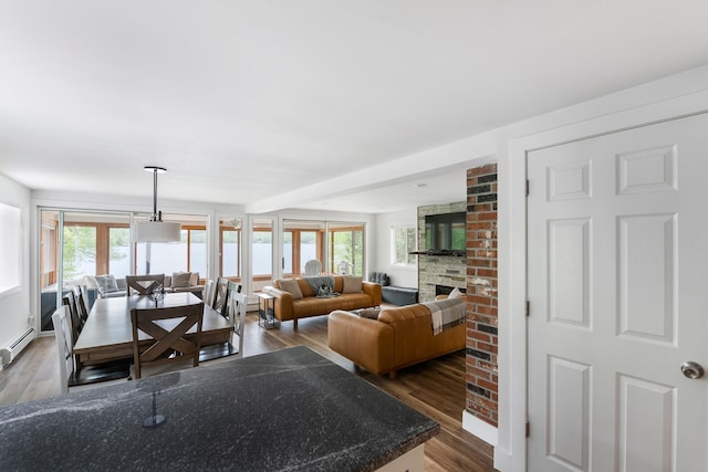 6 Paquette Ln, Sunapee, NH 03782 - living room featuring baseboard heating, dark wood-type flooring, and a fireplace