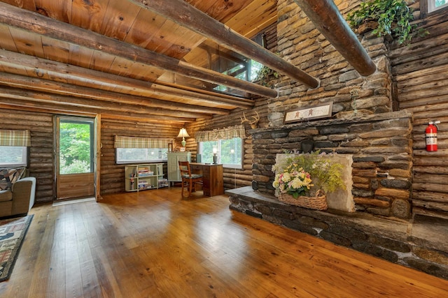 230 Pine Hill Rd, Ossipee, NH 03864 - living room featuring rustic walls, hardwood / wood-style flooring, and wood ceiling with exposed beams