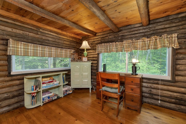 230 Pine Hill Rd, Ossipee, NH 03864 - office space with rustic walls, wood-type flooring, and wooden ceiling with exposed beams